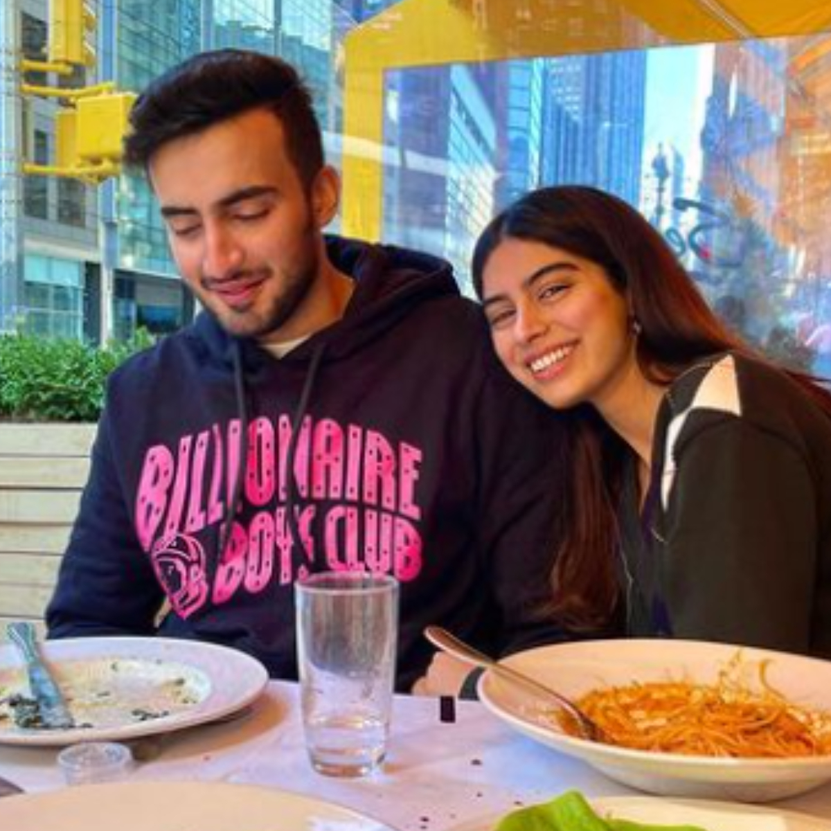 Khushi Kapoor beams with joy as she holds onto a friend as they enjoy Italian meal in NYC; Navya Nanda reacts